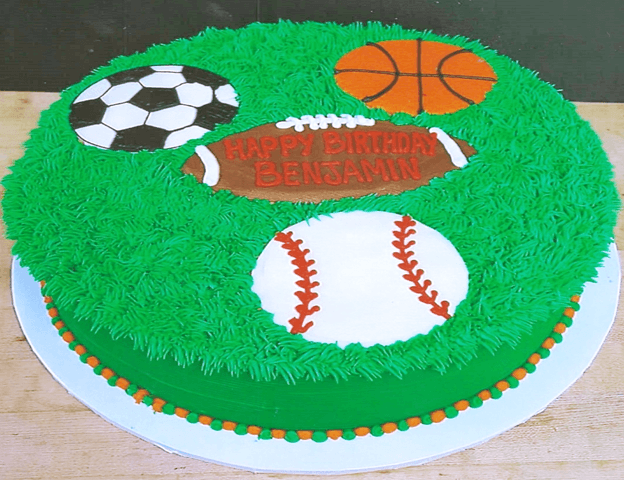 Funny and lovely sporty birthday cake. Design with the soccer field. Shoes,  buildings, sports day. Cake, cream. green field. Birthday cake for a sport  Stock Photo - Alamy